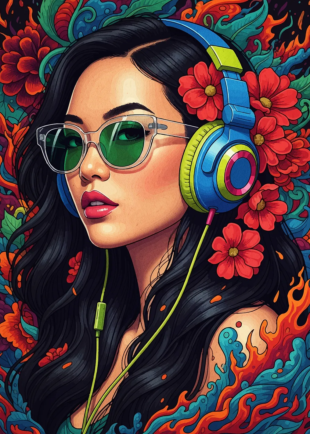 Woman with Headphones and Floral Background