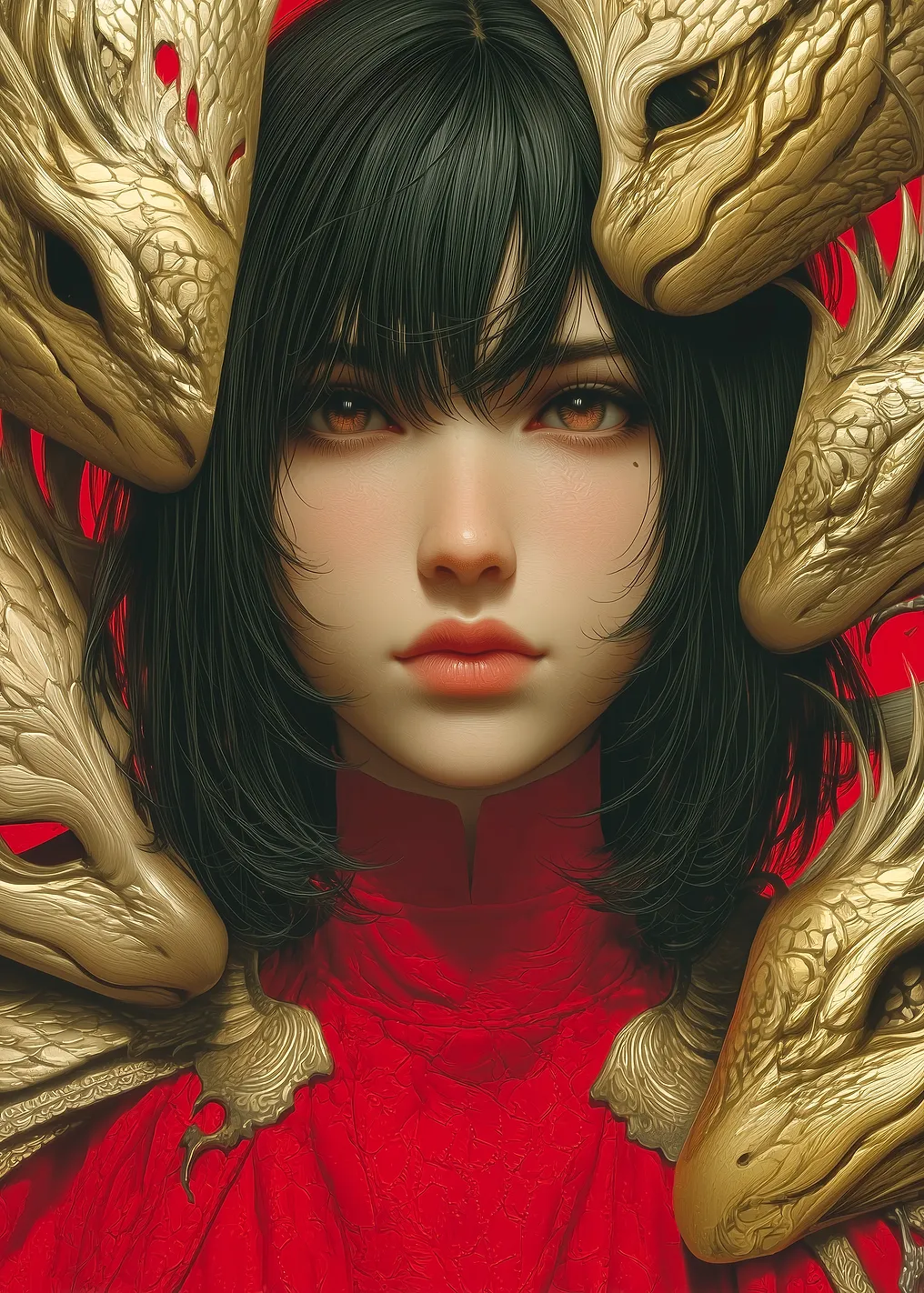Woman Surrounded by Golden Dragon Heads