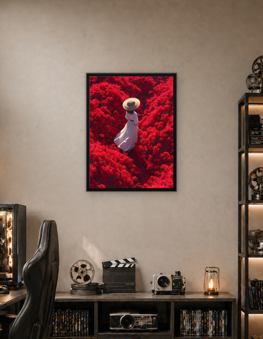 Woman in a field of red flowers