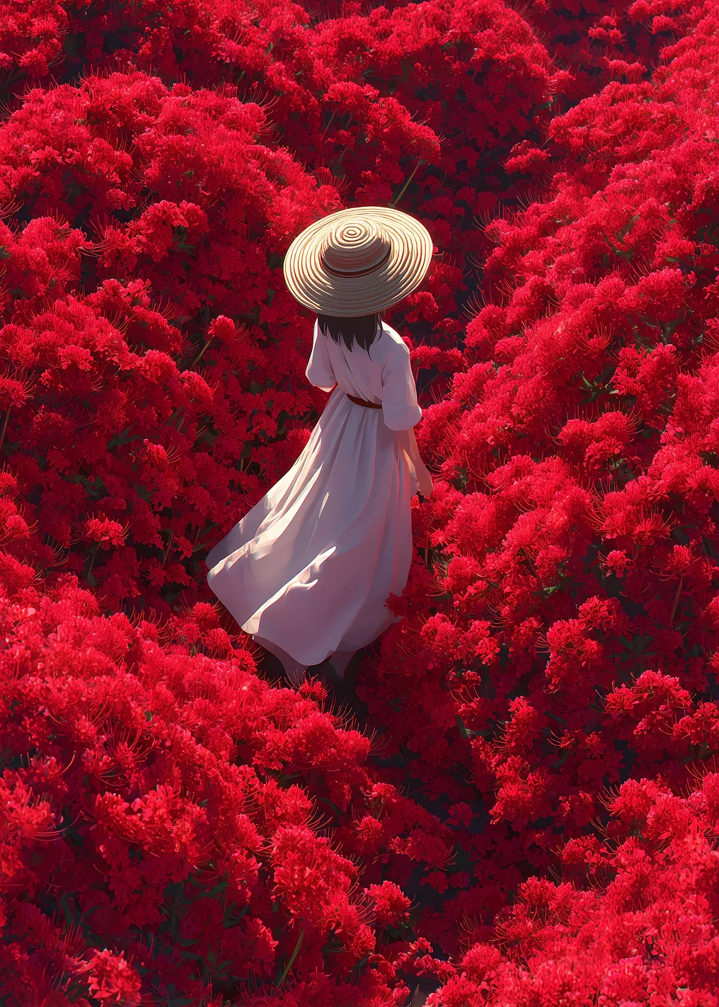 Woman in a field of red flowers