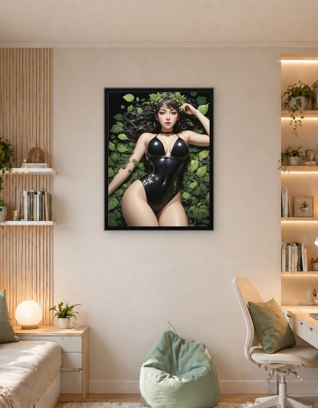Woman in Black Bodysuit with Greenery