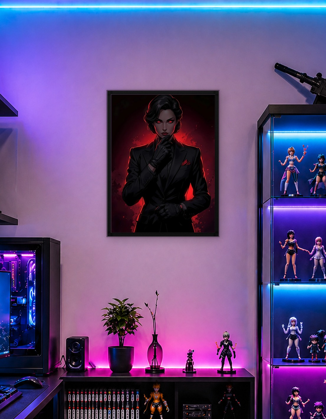 Woman in Black Suit with Red Eyes