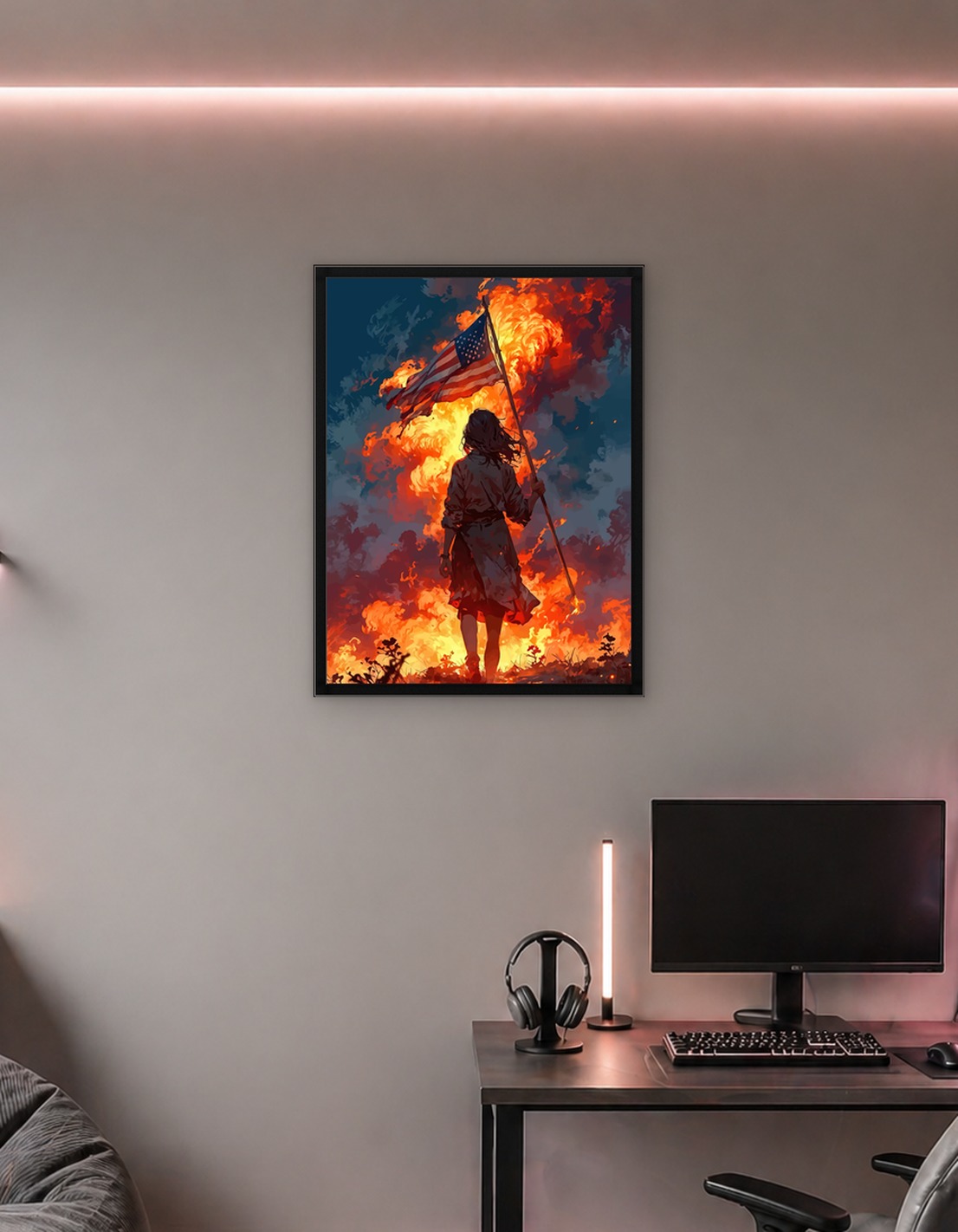 Woman holding American flag in fire