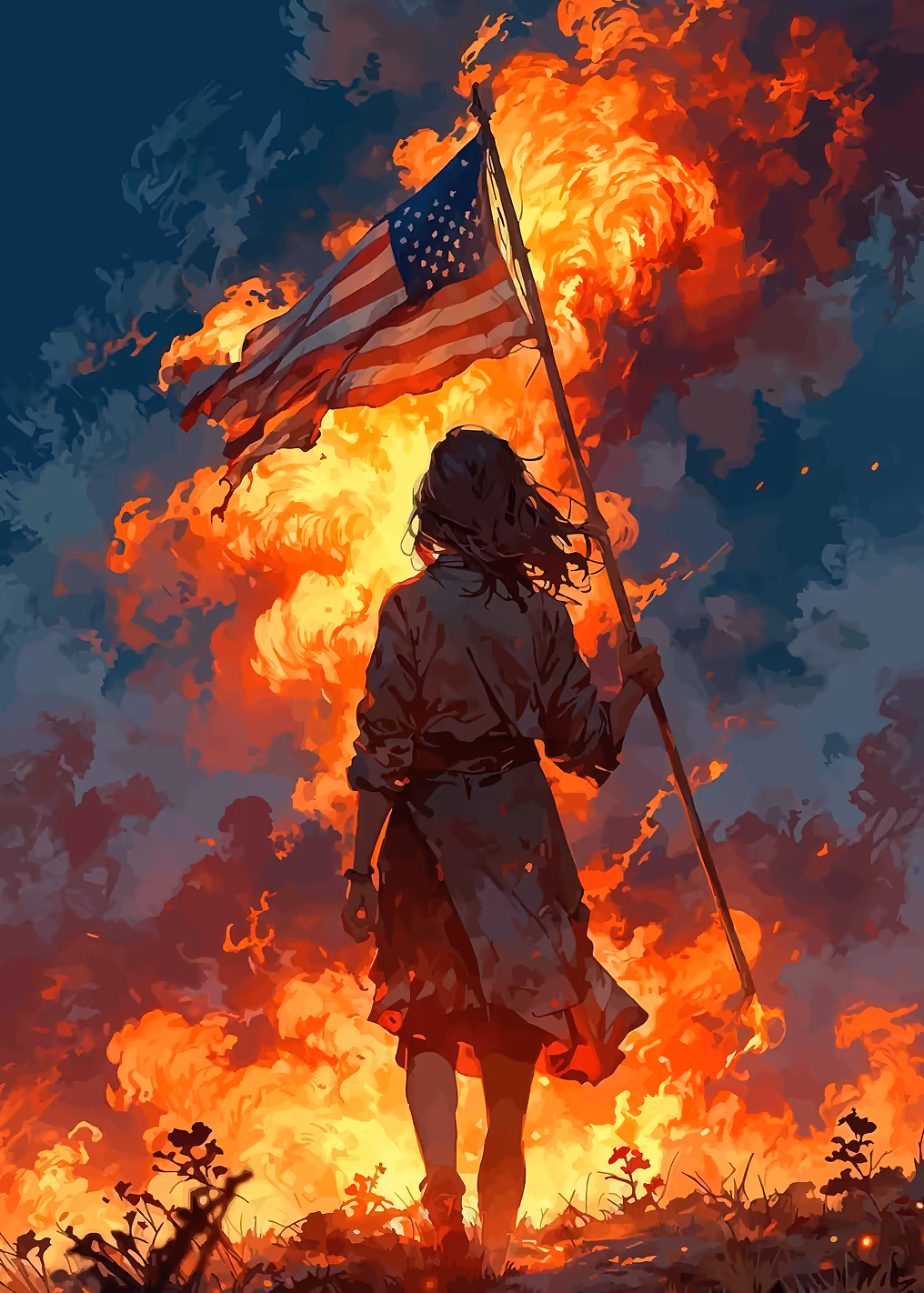 Woman holding American flag in fire