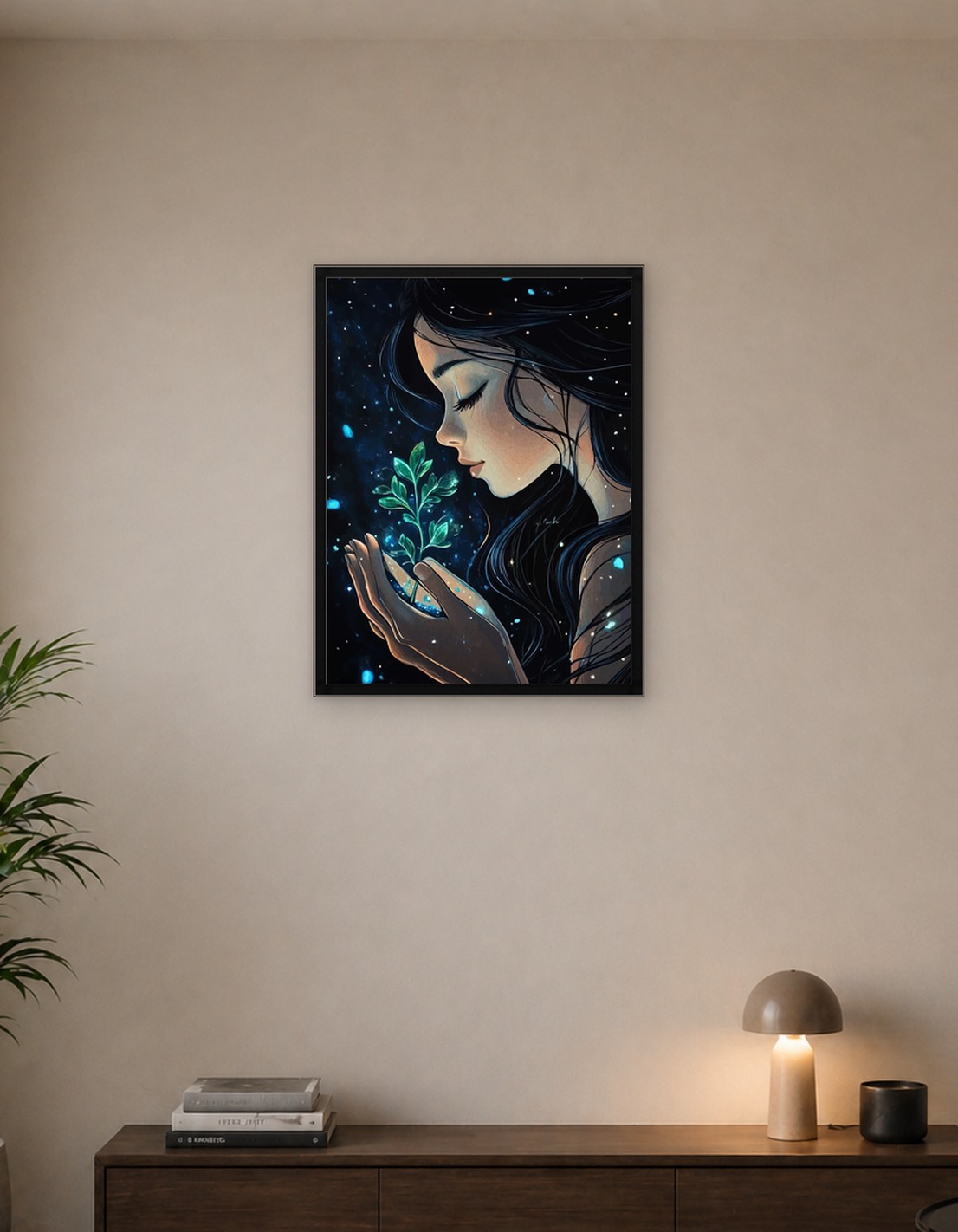 Woman Holding Plant in Starry Night