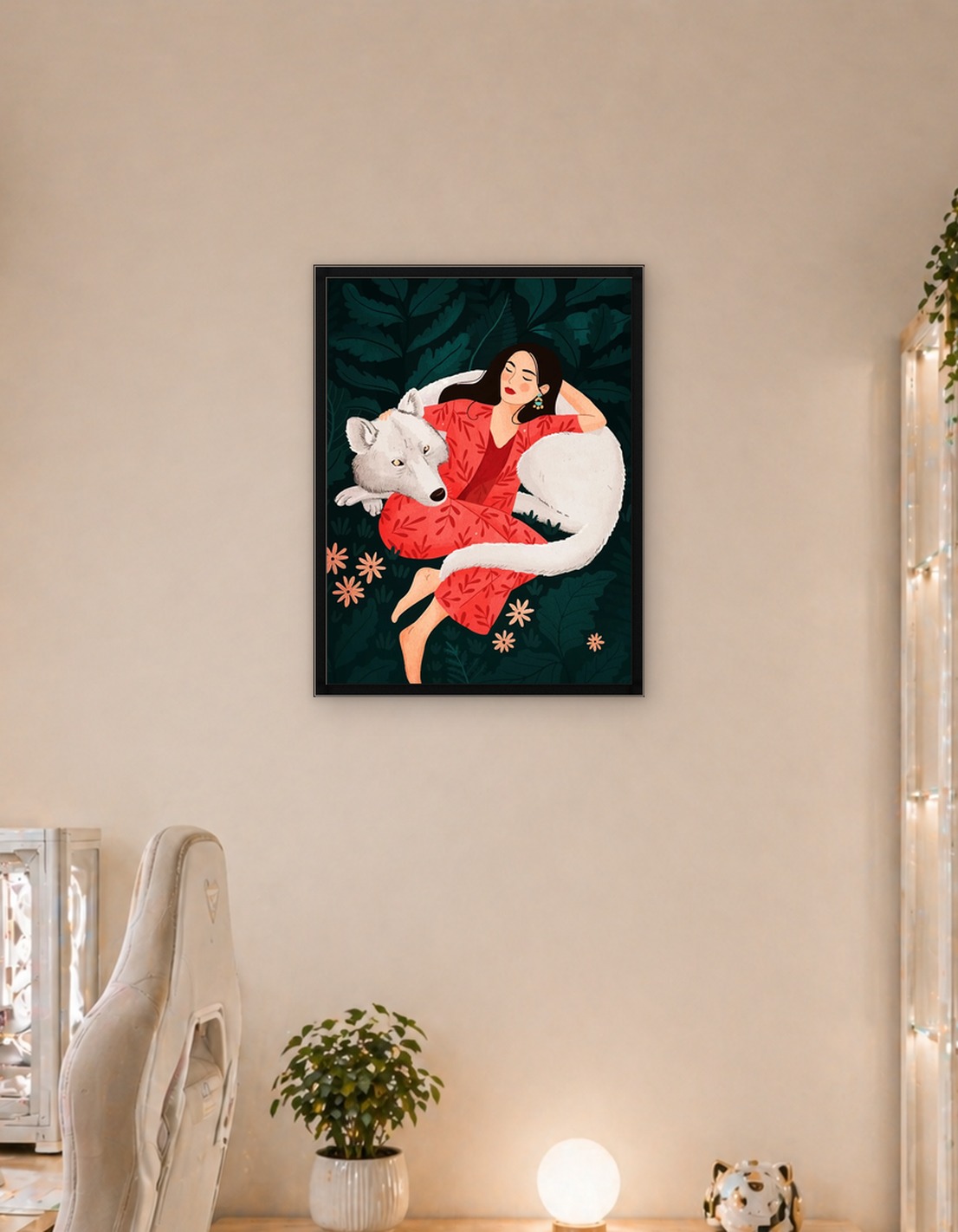 Woman and White Wolf in Forest