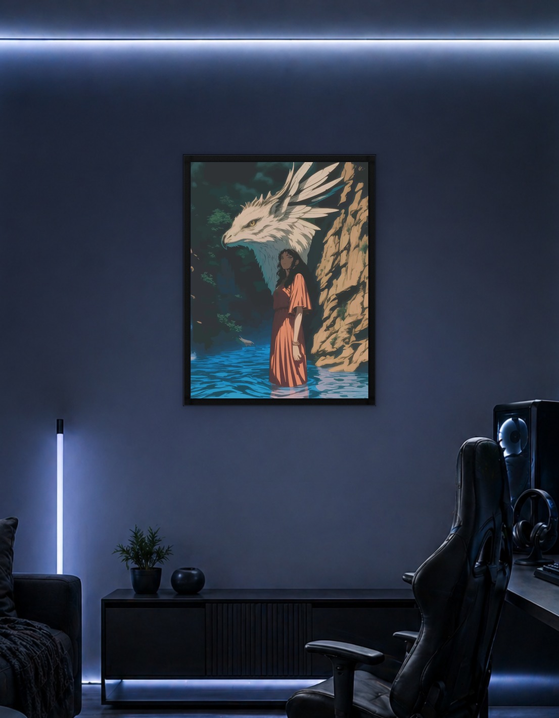 Woman and Dragon by a Waterfall