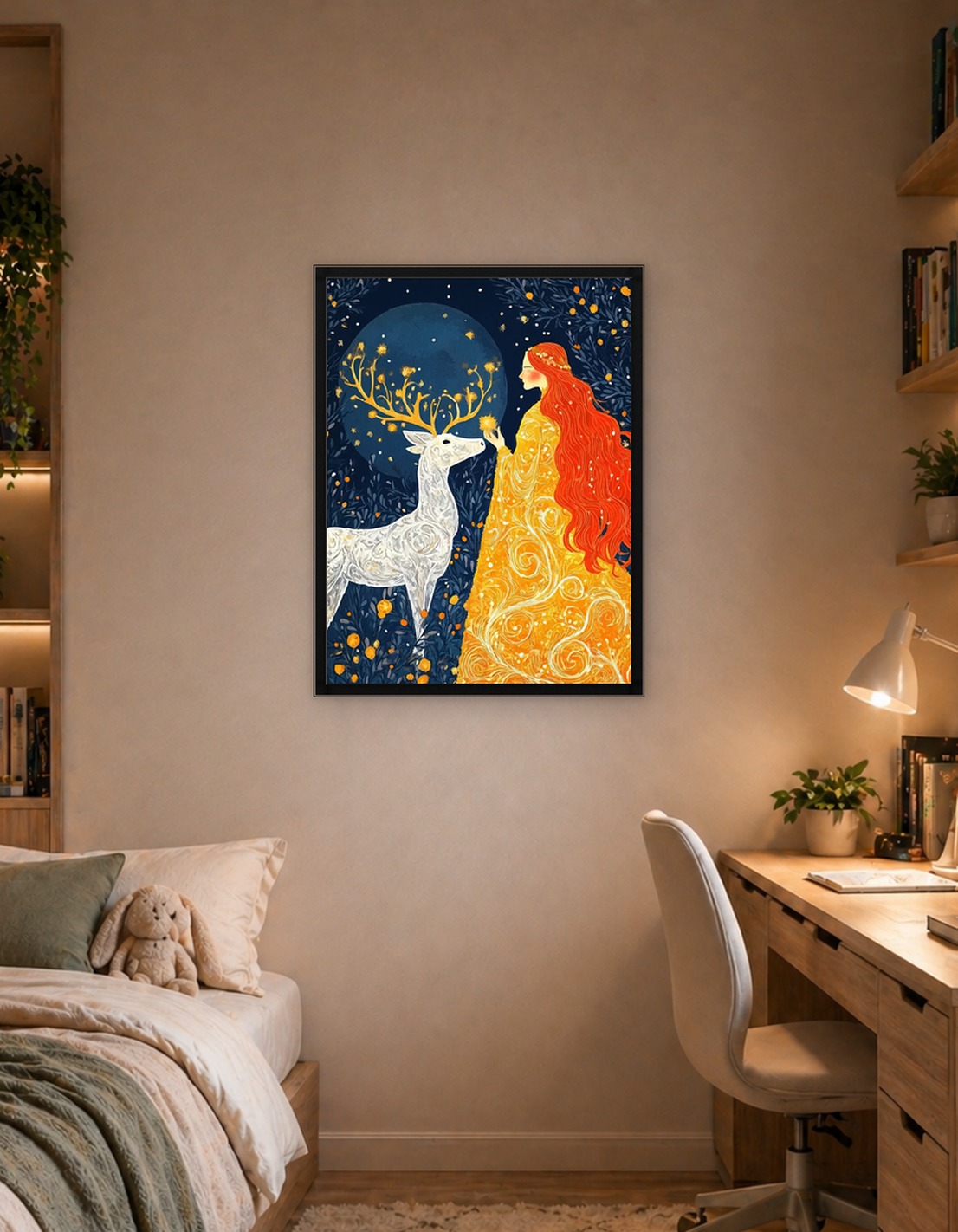 Woman and Deer in Enchanted Forest