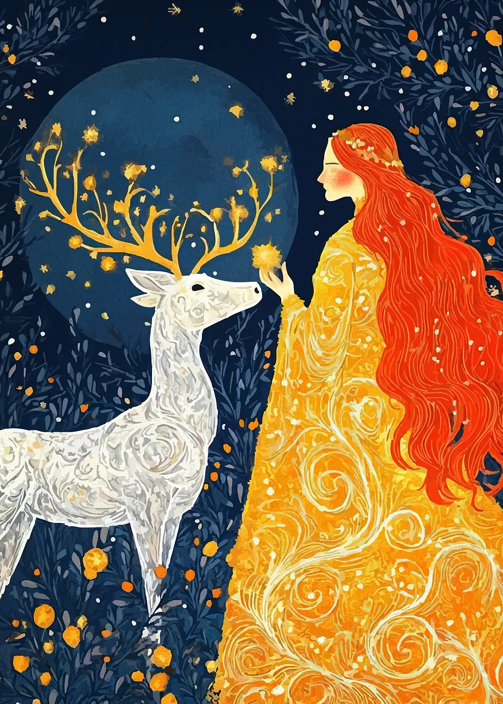 Woman and Deer in Enchanted Forest