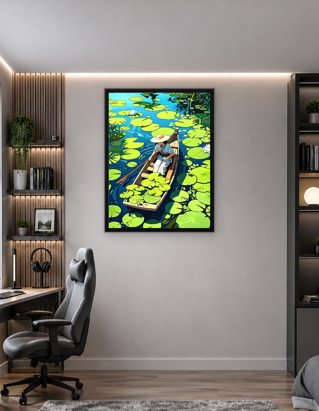 Woman Rowing Boat Lily Pond