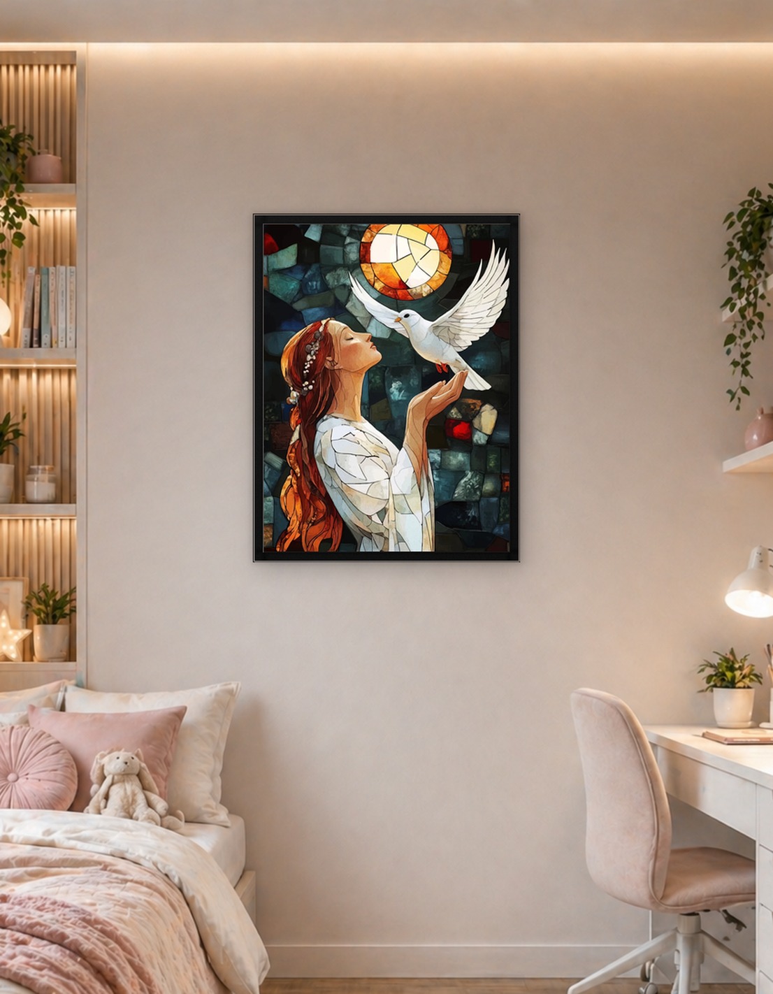 Woman with Dove Stained Glass Art
