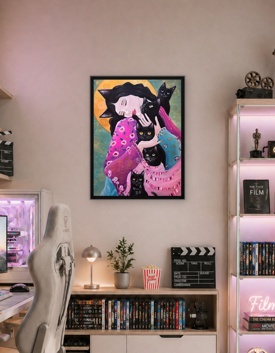 Woman with Black Cats Painting