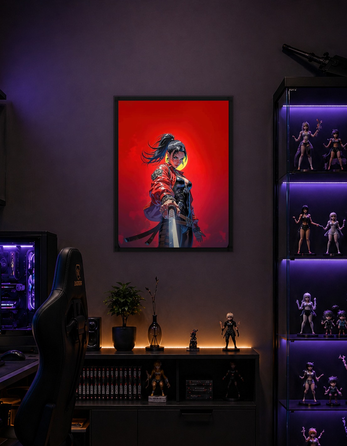 Woman with Katana on Red Background
