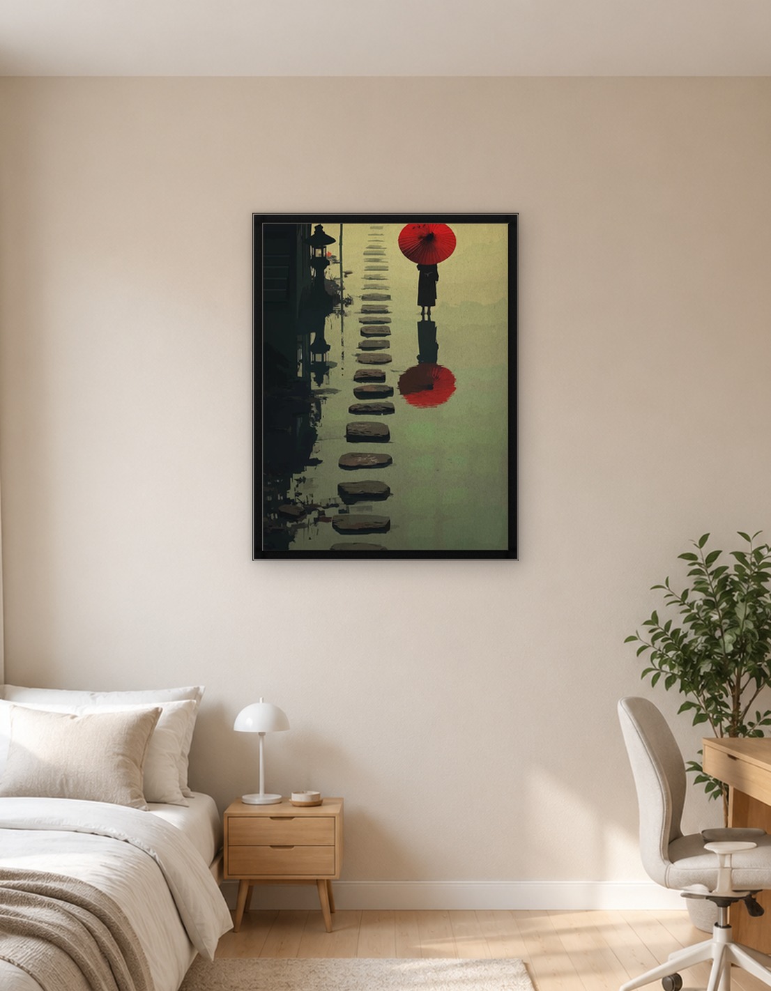 Woman with Red Umbrella on Stepping Stones
