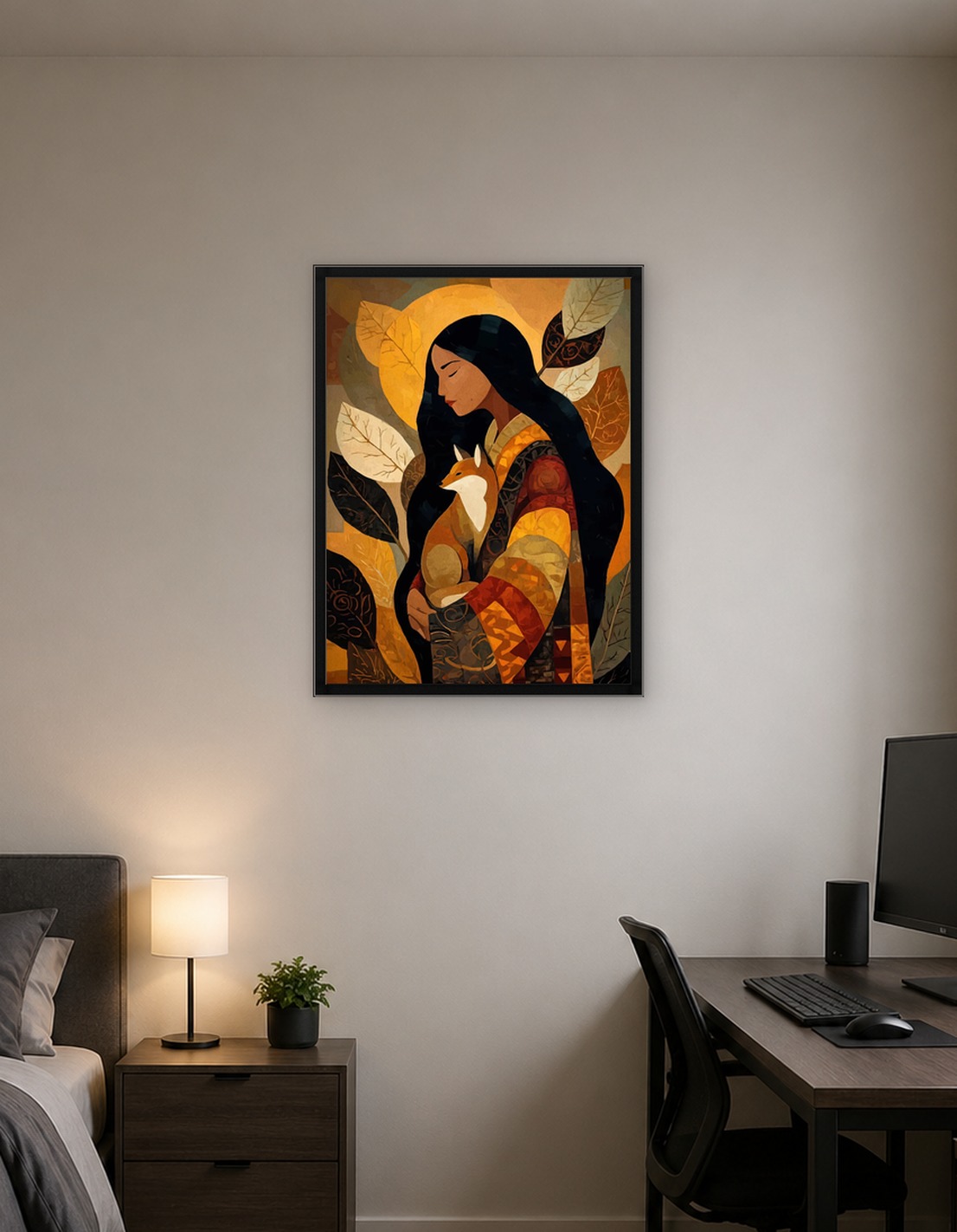 Woman with Fox and Autumn Leaves