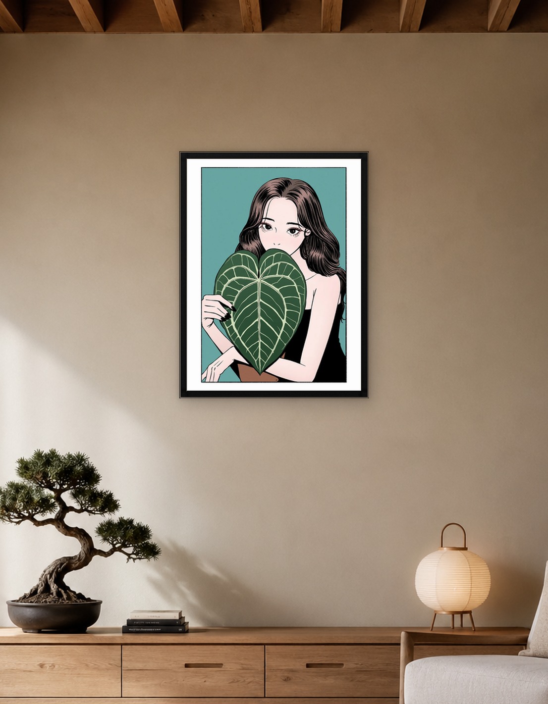 Woman with Anthurium Crystallinum Leaf