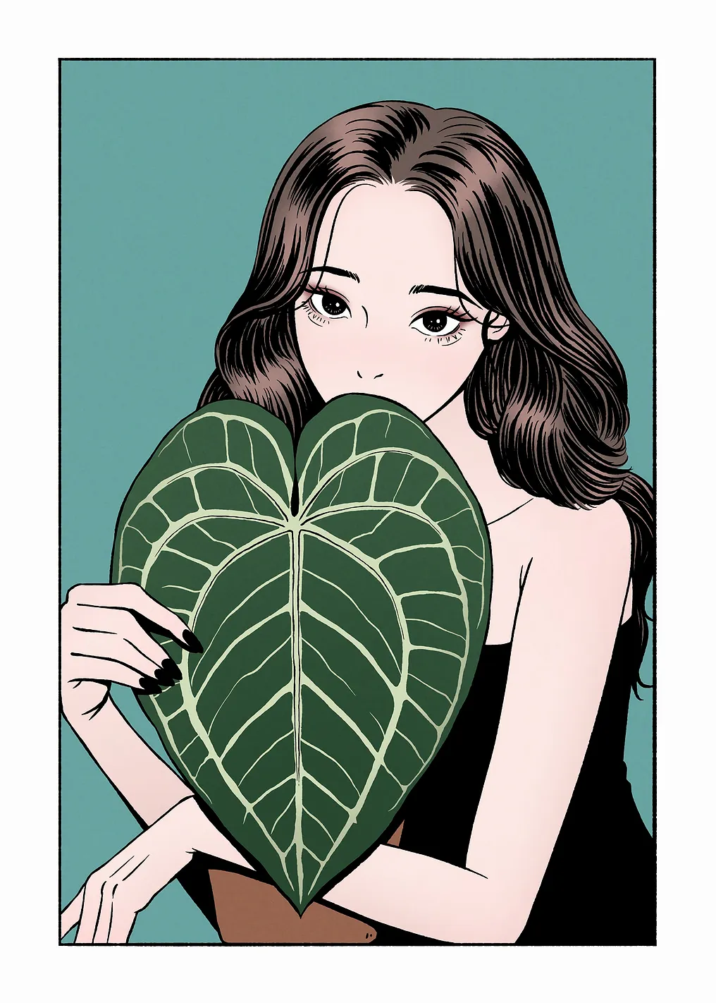 Woman with Anthurium Crystallinum Leaf