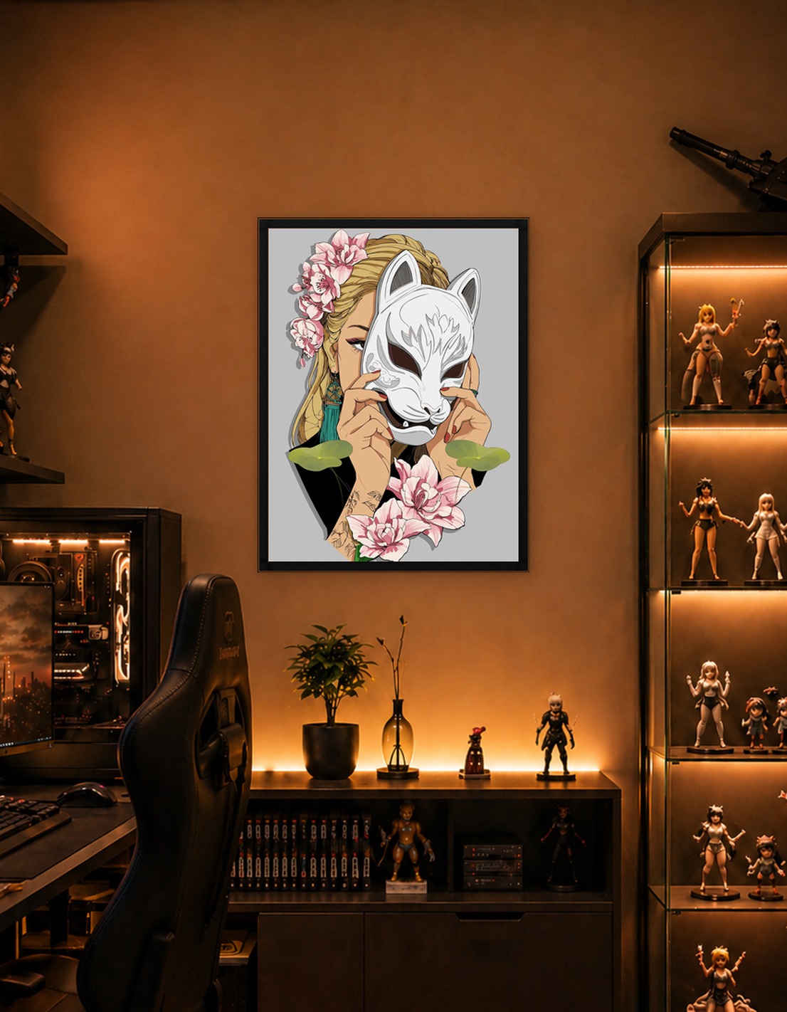 Woman with Kitsune Mask and Flowers