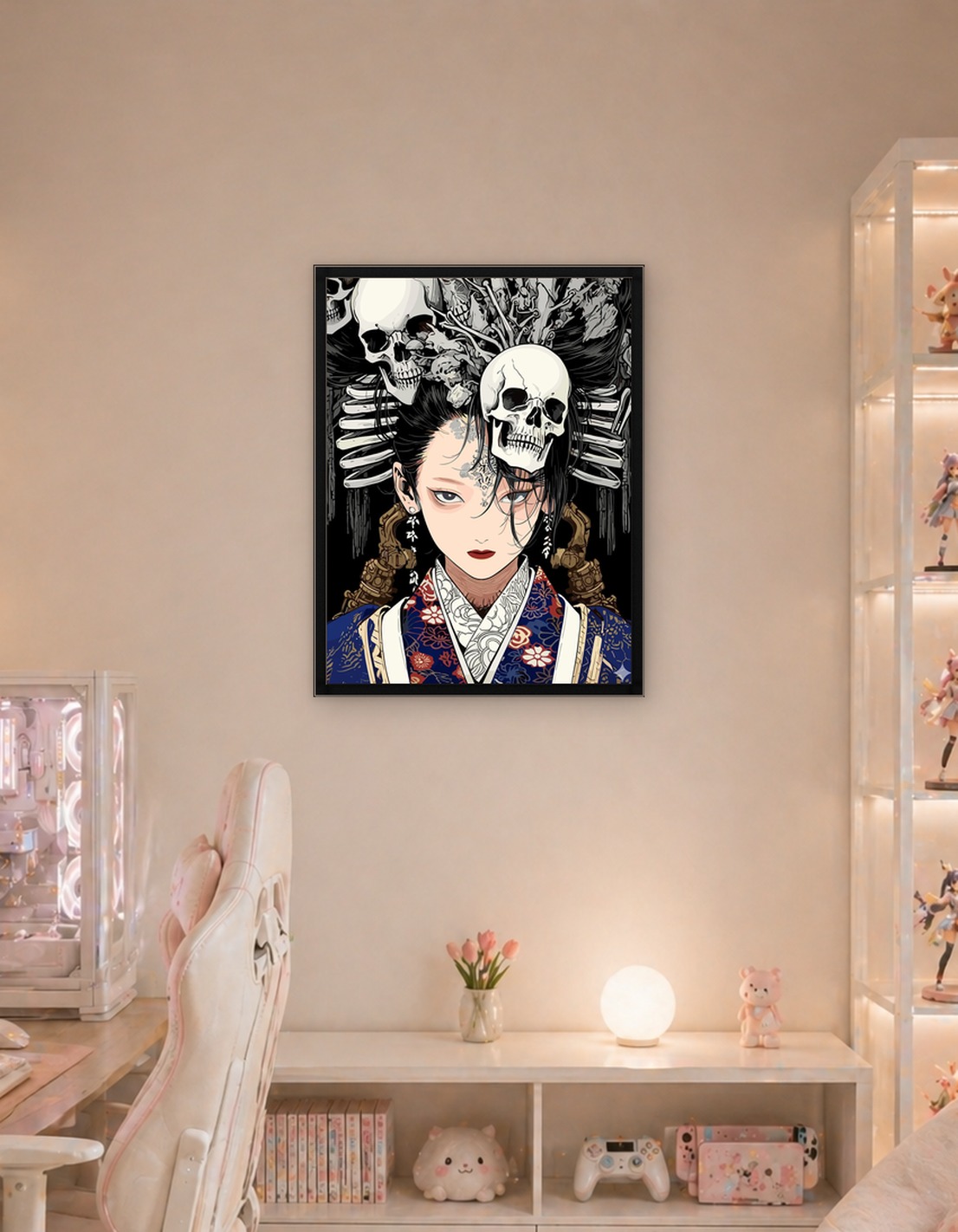 Woman with Skulls and Floral Kimono
