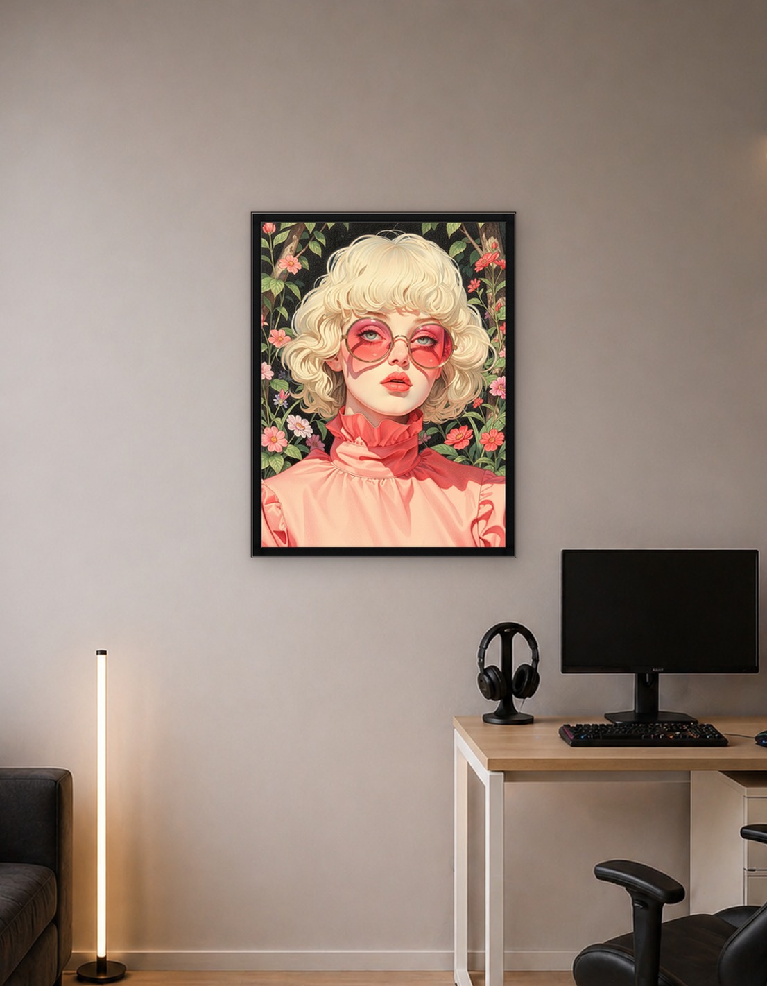 Woman with blonde curly hair and pink glasses