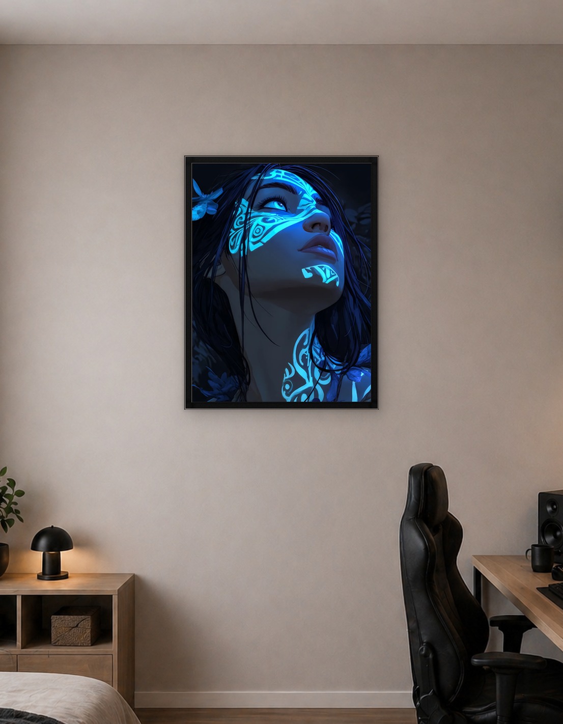 Woman with glowing blue tribal markings