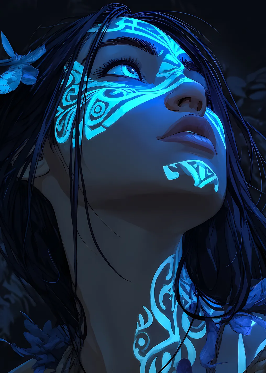 Woman with glowing blue tribal markings