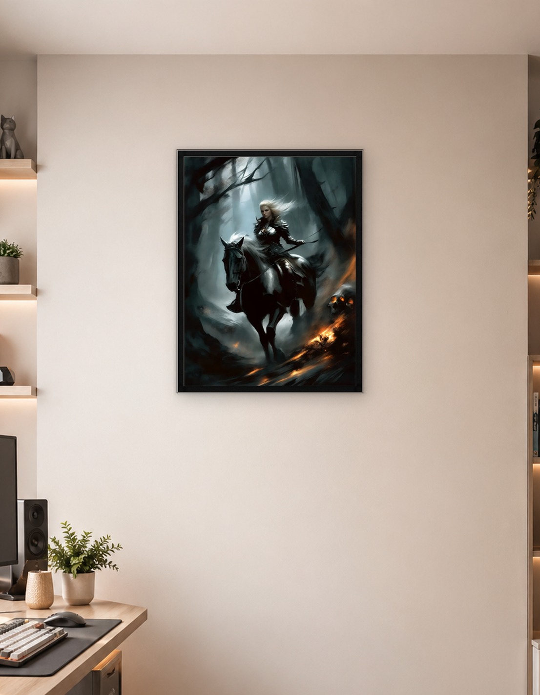 Warrior Woman on Horseback in Dark Forest