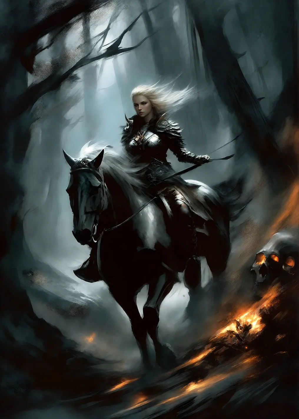 Warrior Woman on Horseback in Dark Forest