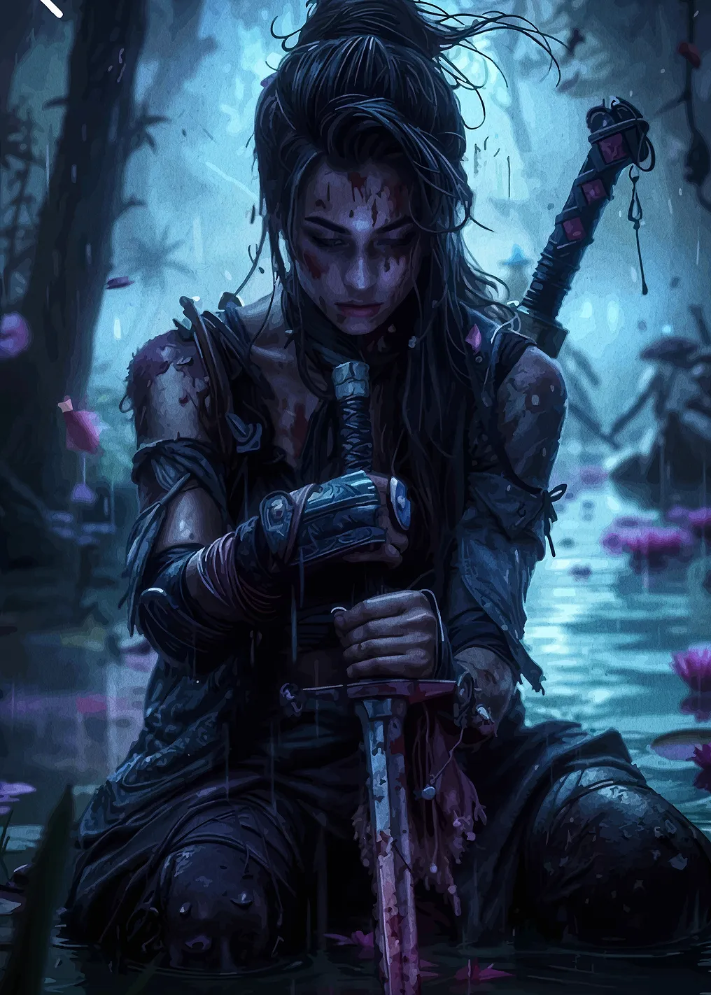 Warrior Woman with Sword in Water