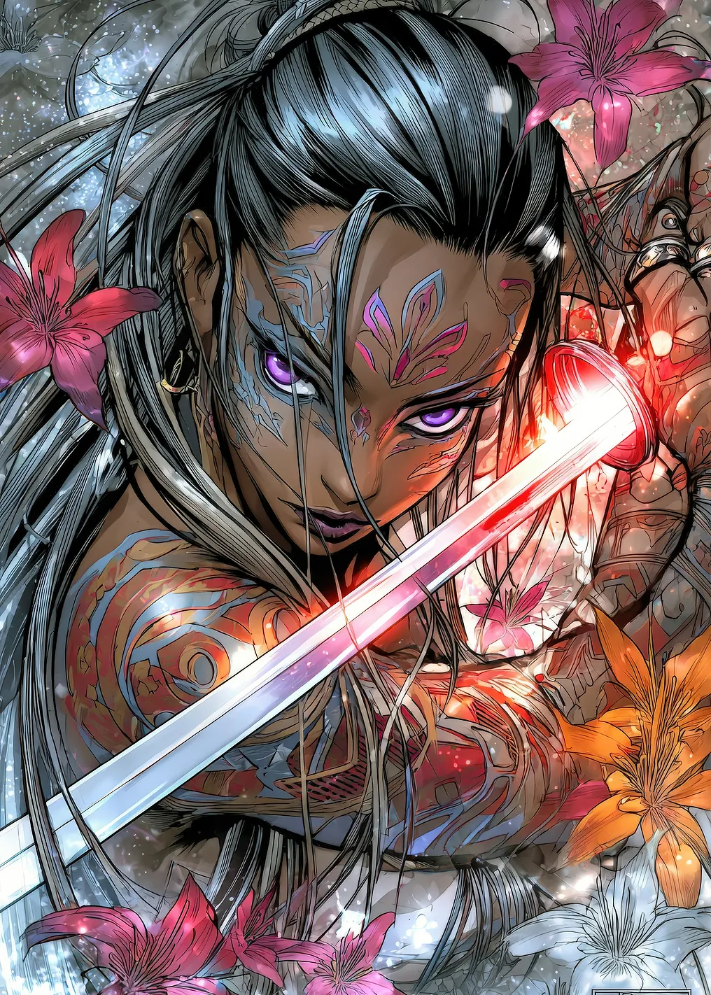 Warrior Woman with Sword and Flowers