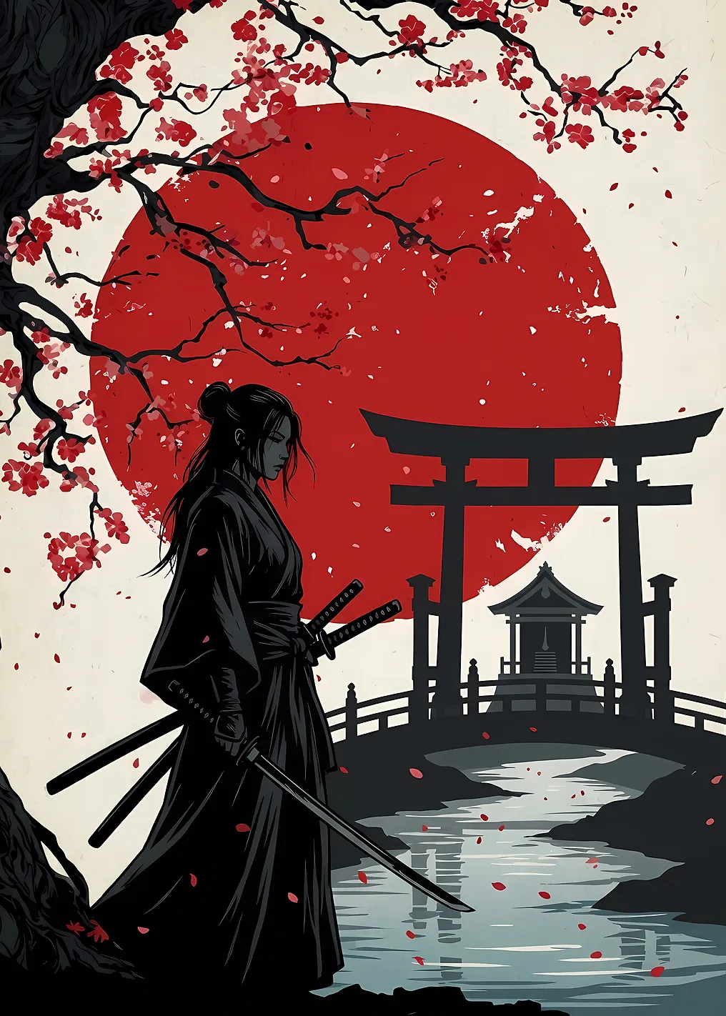Samurai Woman with Katana and Torii Gate