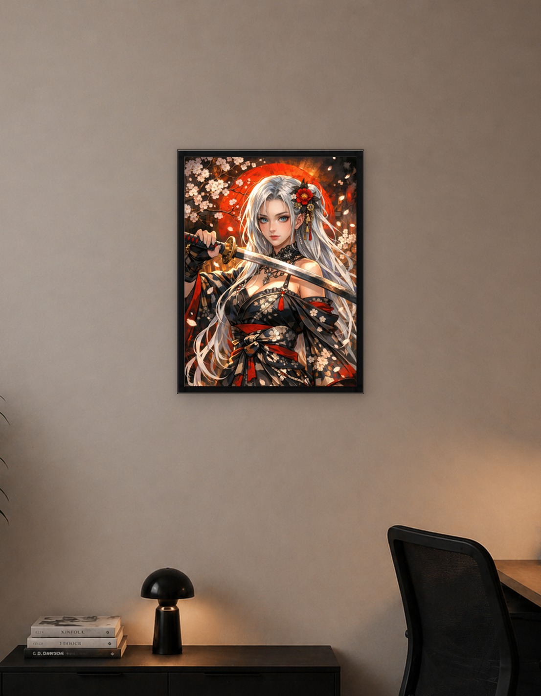 Samurai Woman with Katana and Cherry Blossoms