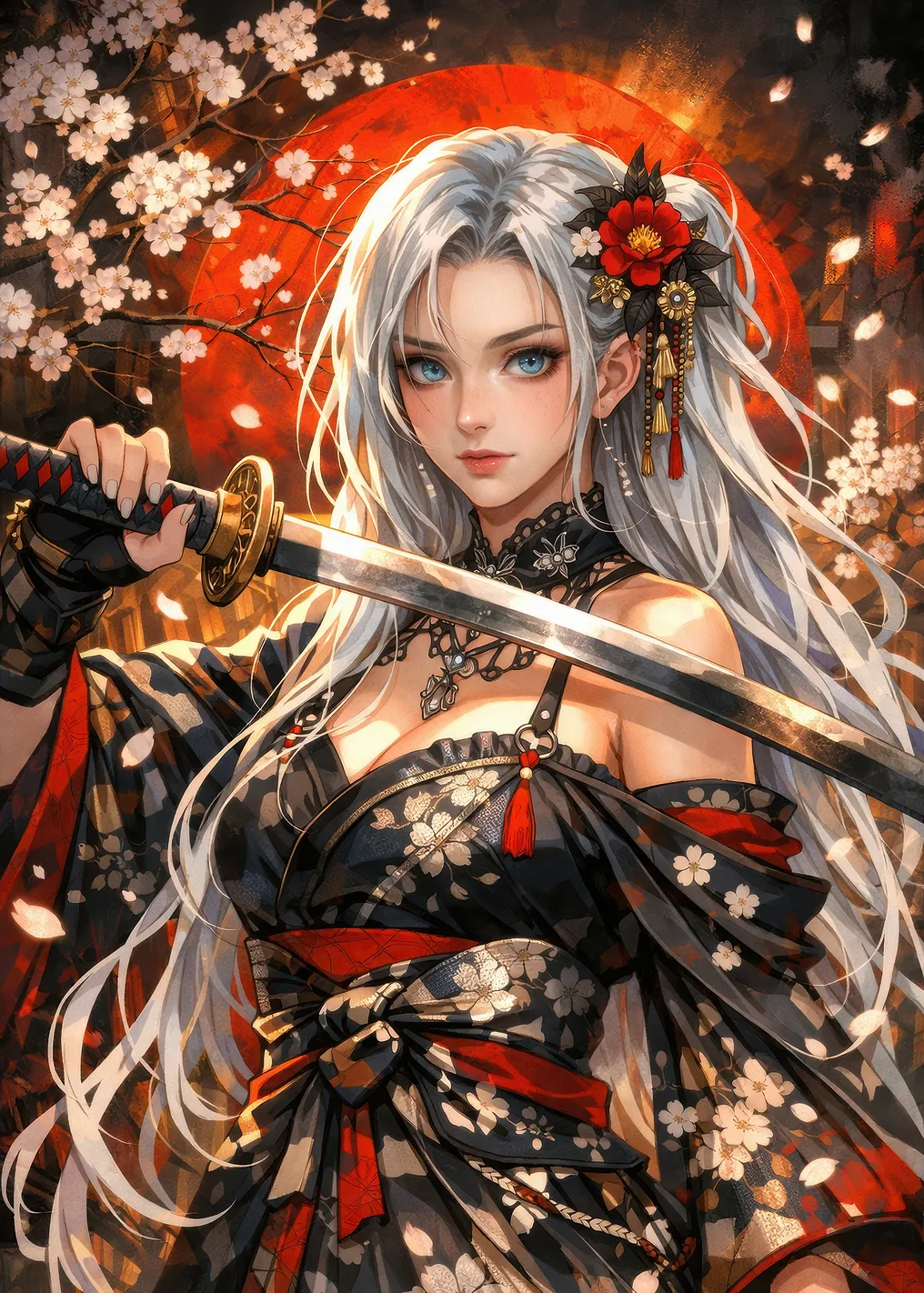 Samurai Woman with Katana and Cherry Blossoms