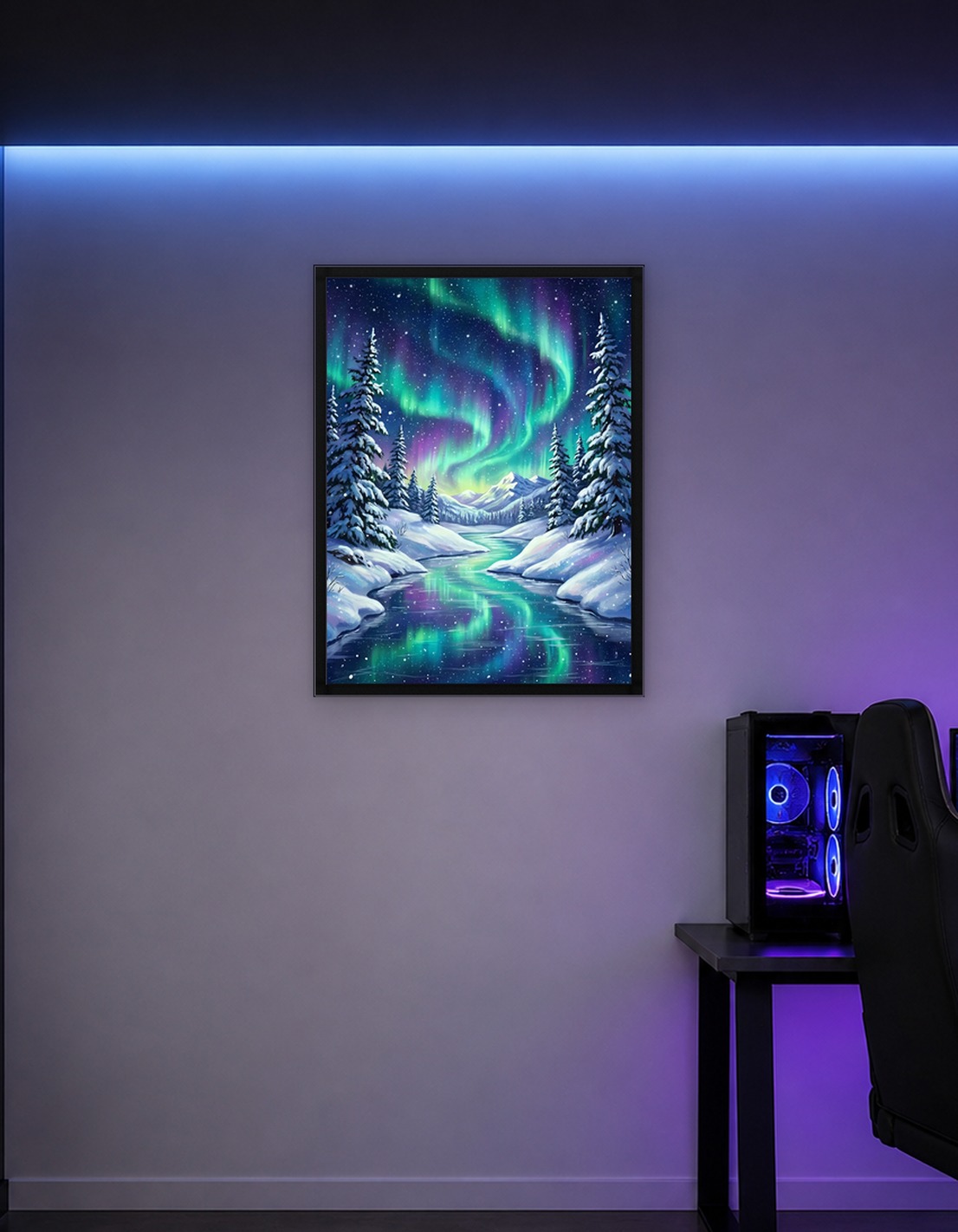 Winter landscape with aurora borealis