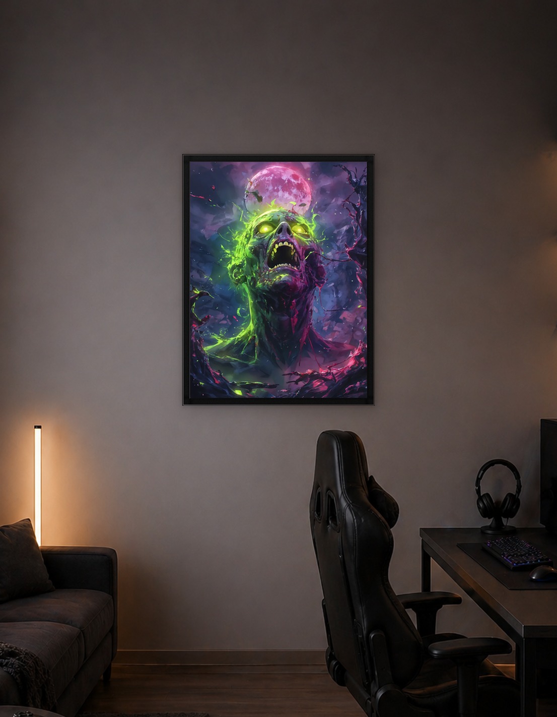 Zombie with Glowing Eyes Under Pink Moon