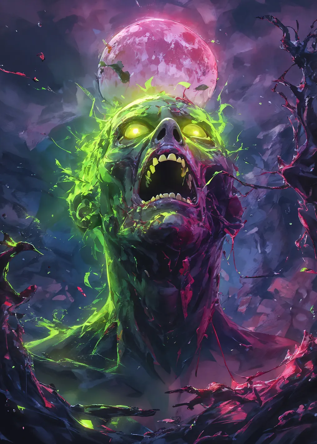 Zombie with Glowing Eyes Under Pink Moon