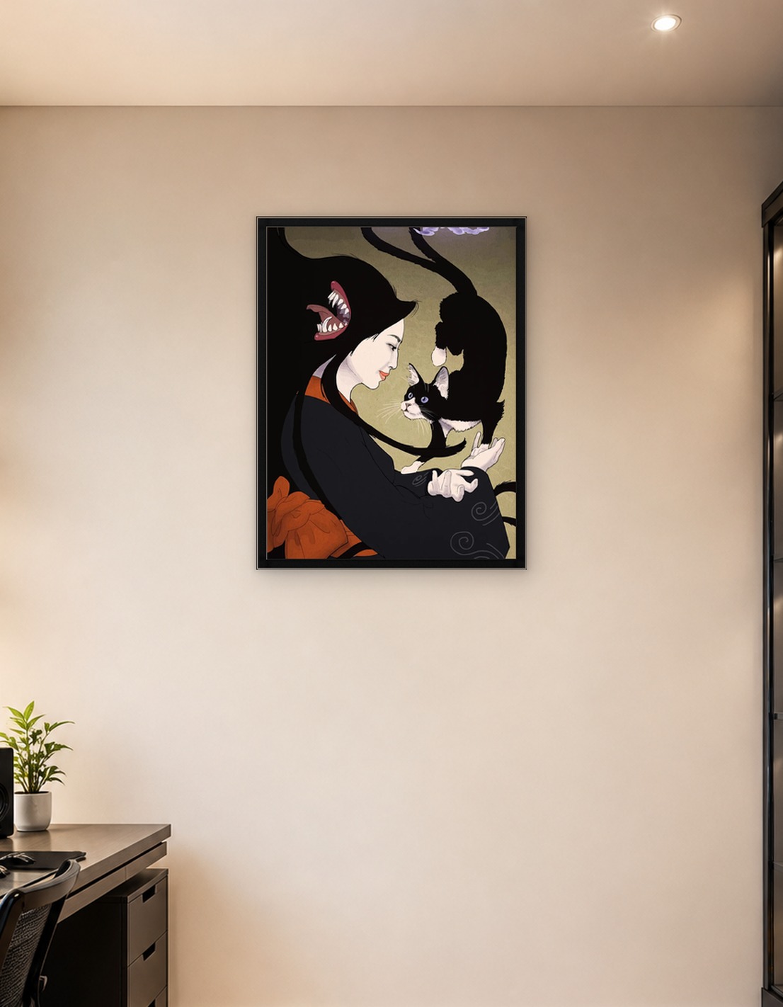 Woman, Cat, and Monster Illustration