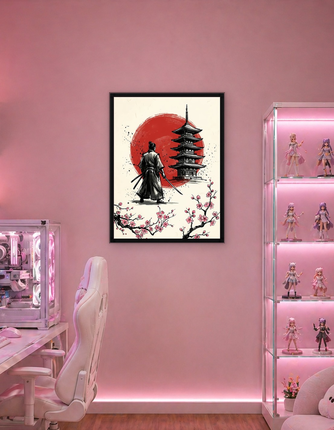 Samurai, Pagoda, and Cherry Blossoms Art