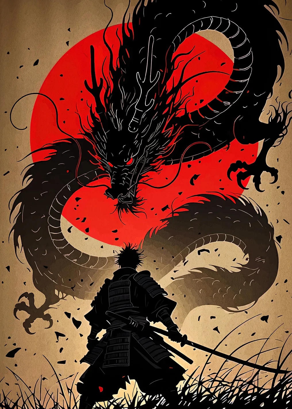 Samurai and Dragon Silhouette Art