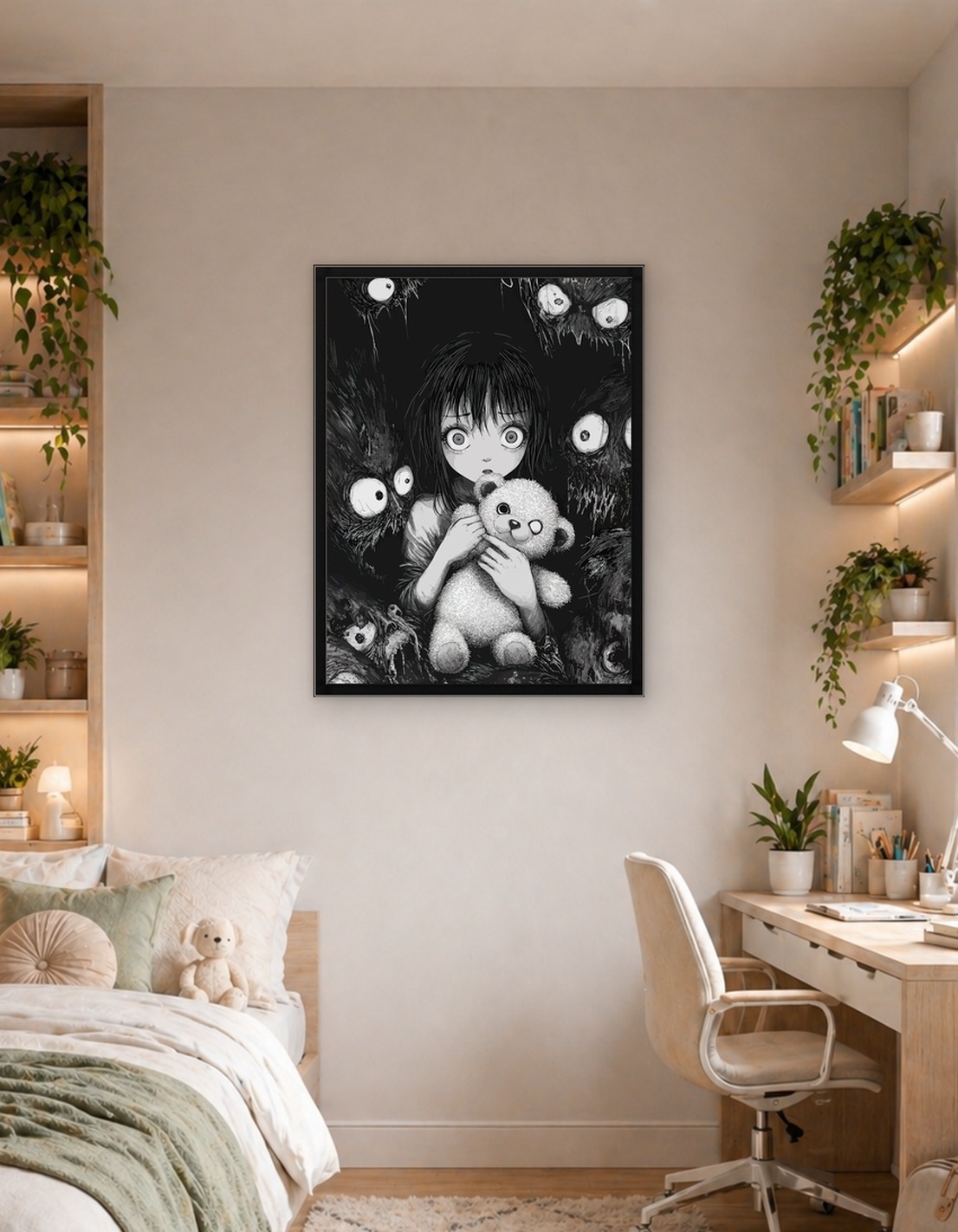 Scared Girl with Teddy Bear Surrounded by Monsters