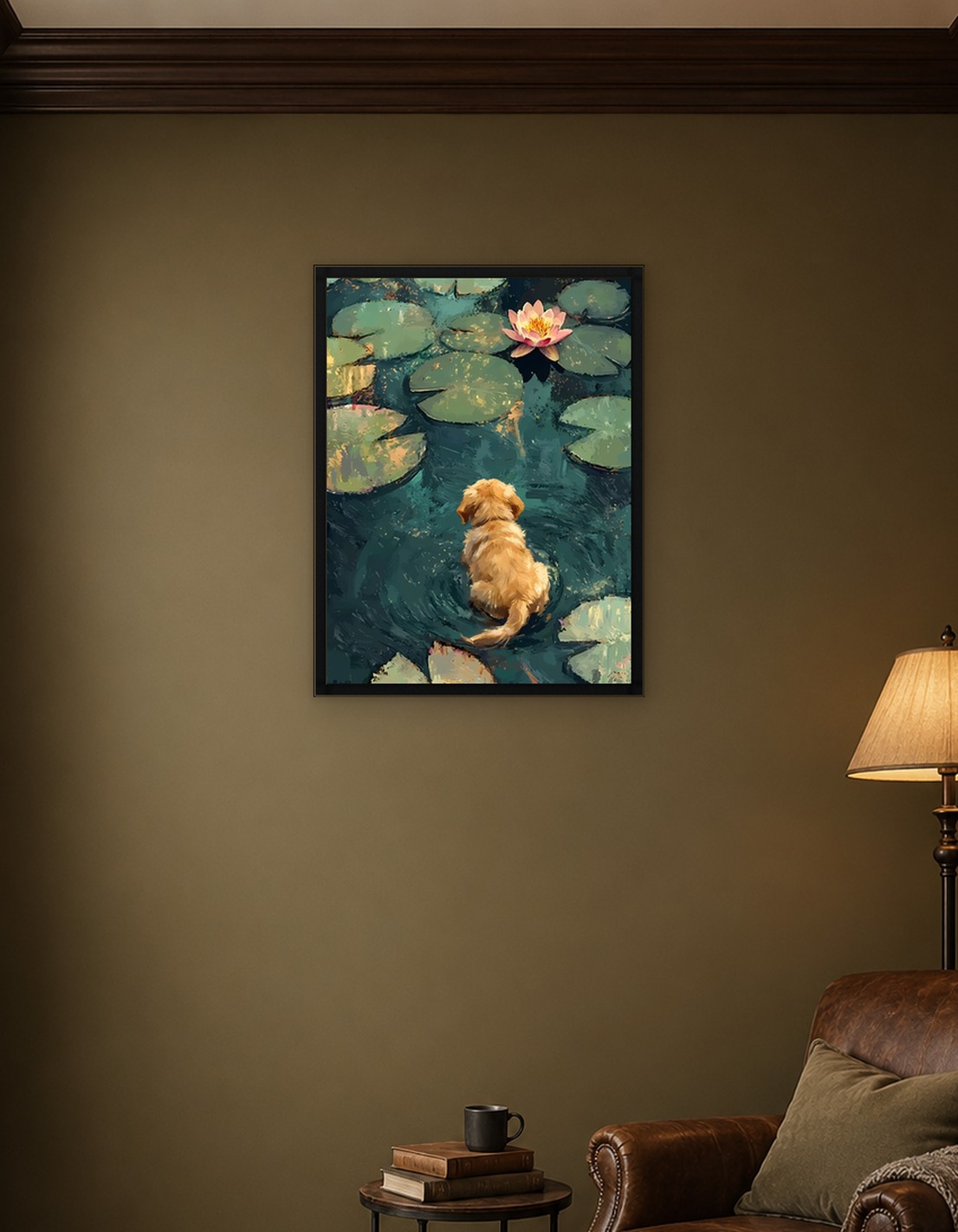 Puppy and Water Lily Pond Painting