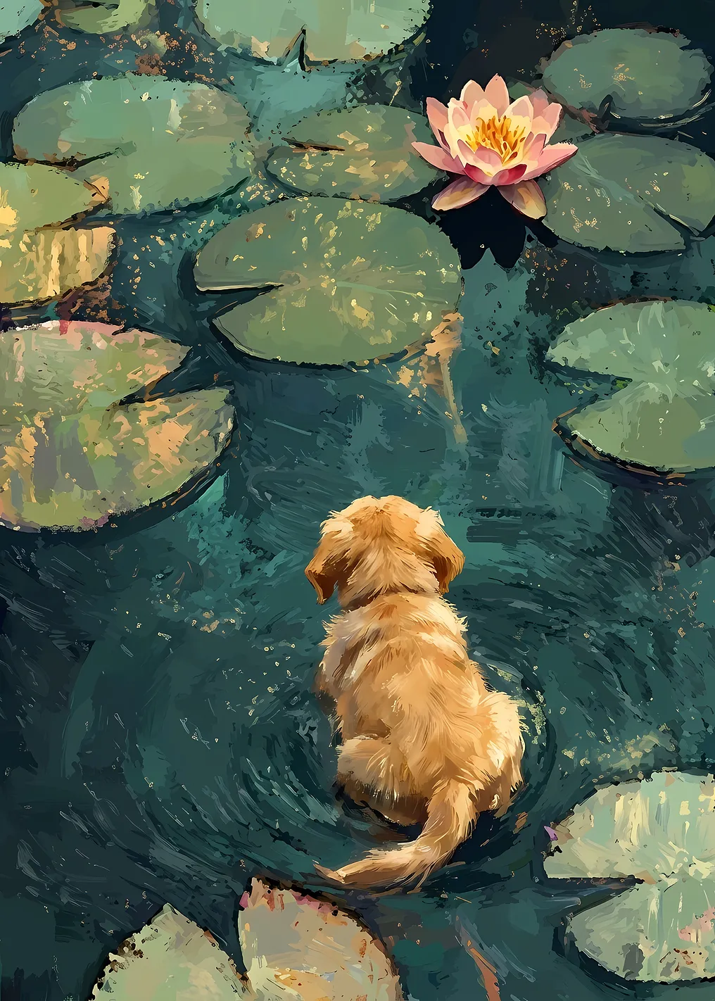 Puppy and Water Lily Pond Painting