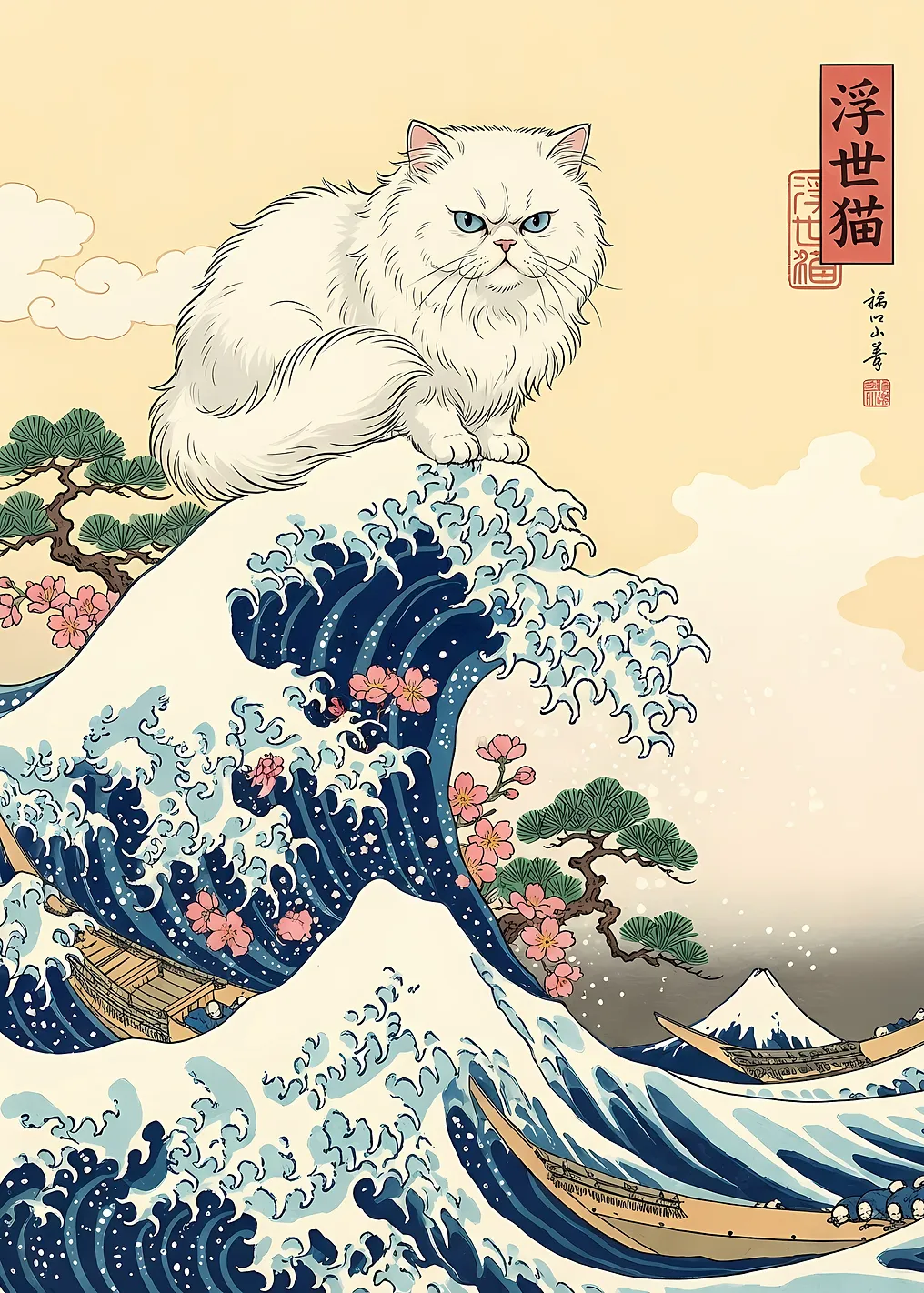 Кот укиё-э на большой волне