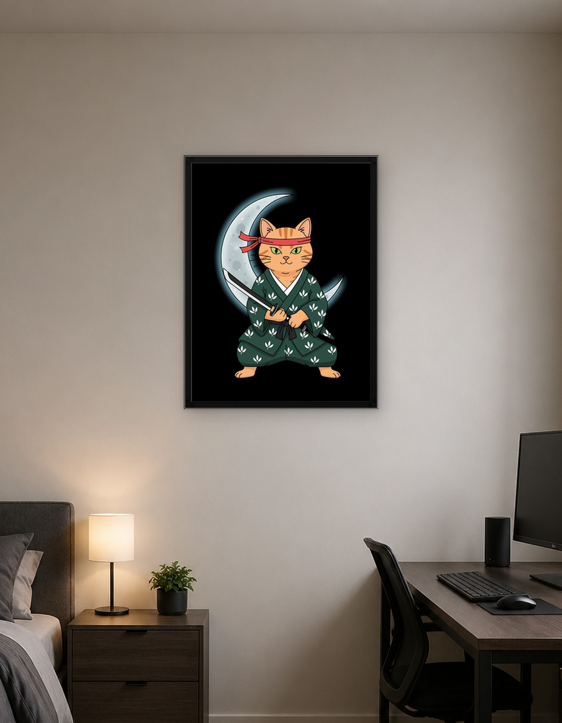 Samurai Cat with Katana and Moon - 9876487