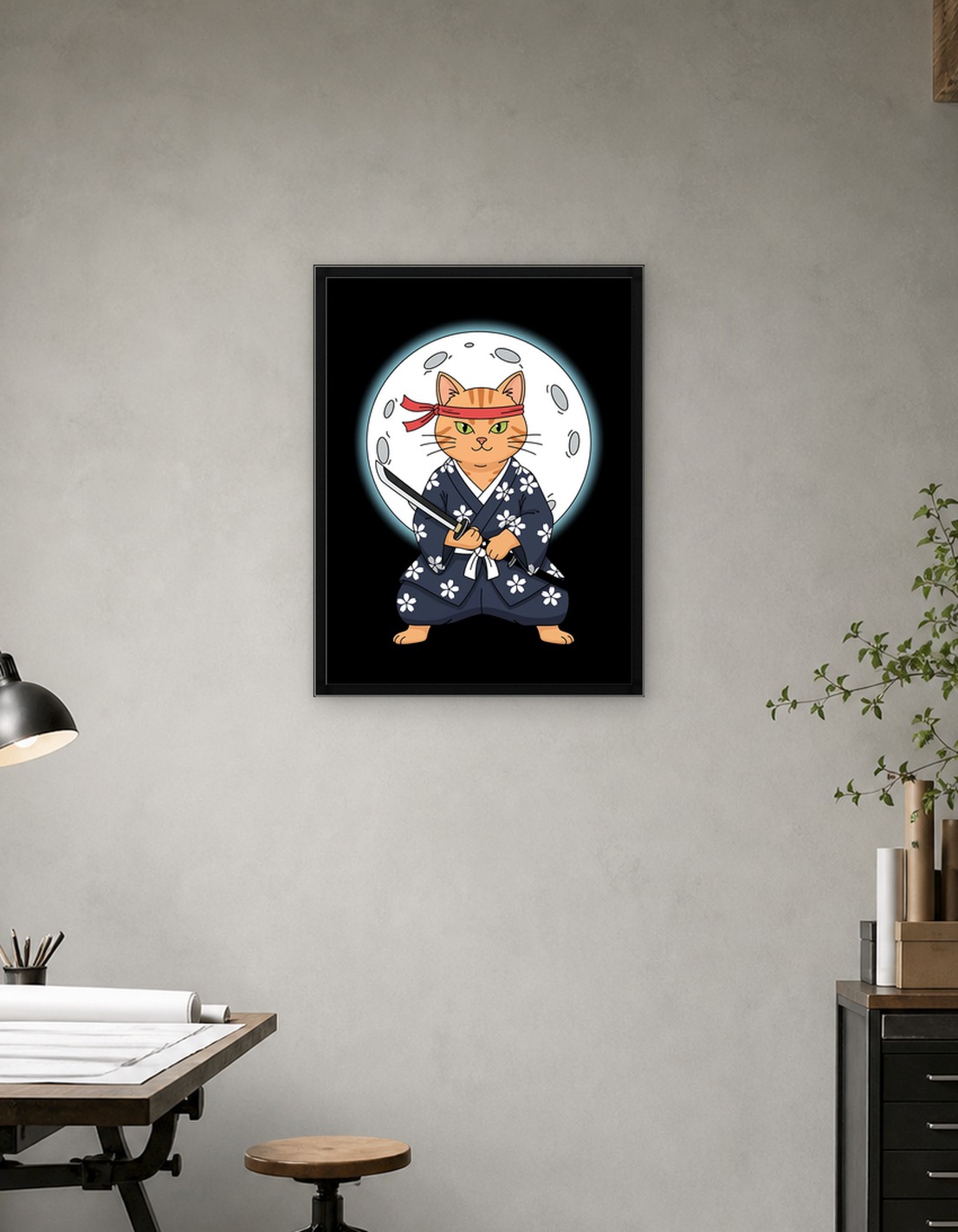 Samurai Cat with Katana and Moon - 9906745