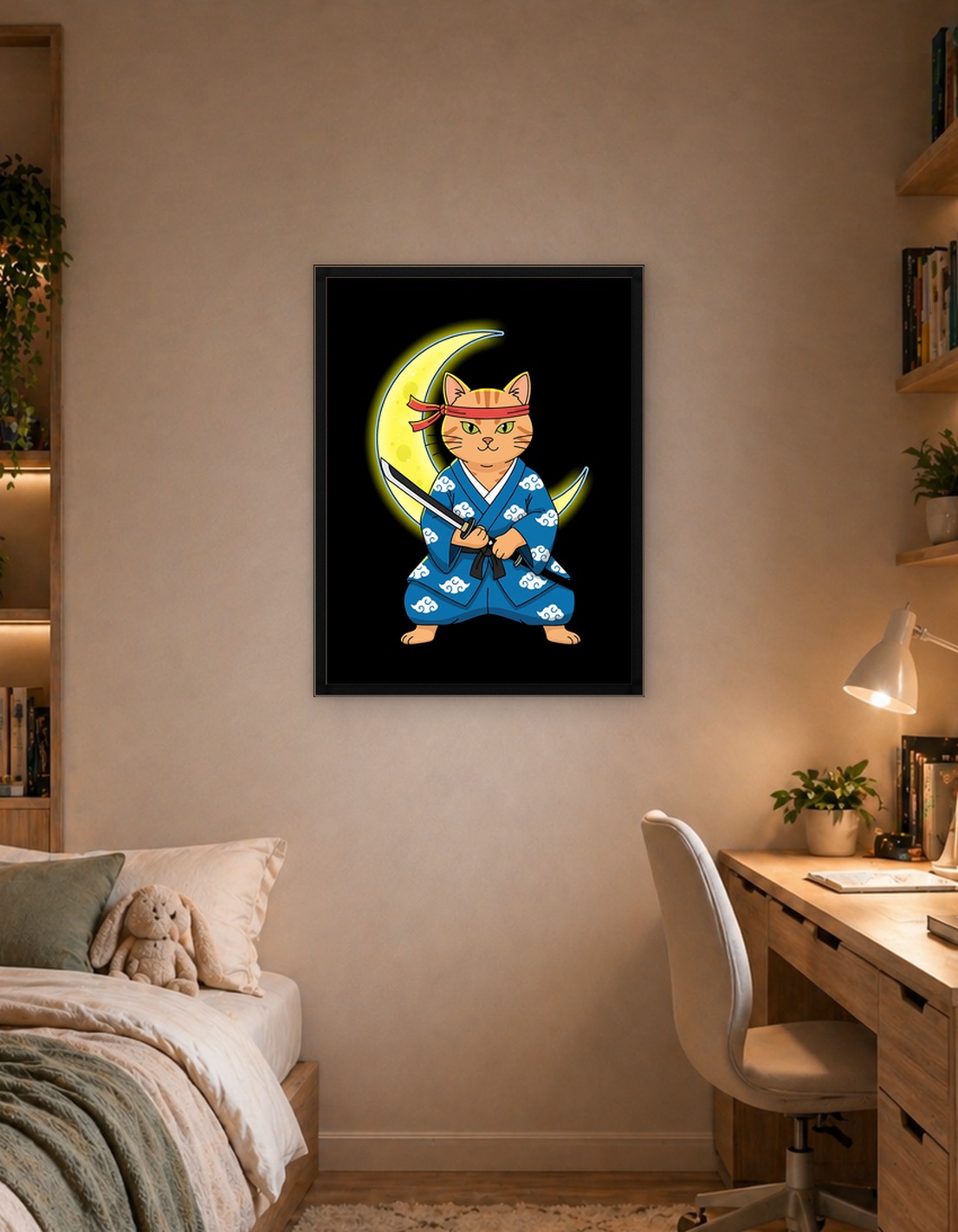 Samurai Cat with Katana on Crescent Moon