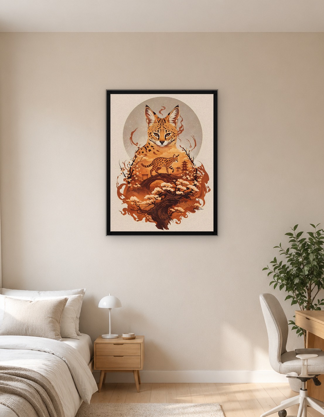 Serval Cat in Japanese Landscape