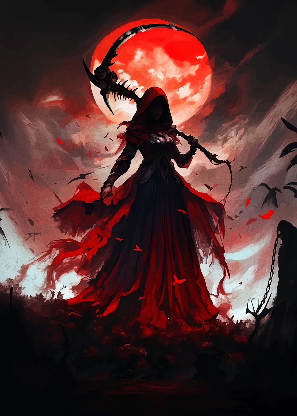 Red Reaper with Scythe and Moon