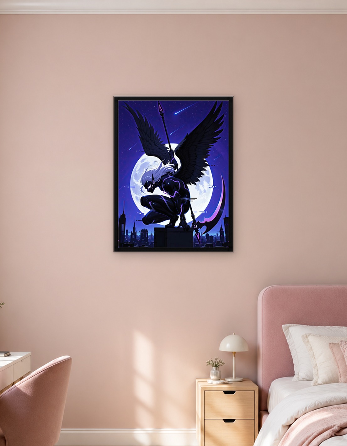 Winged hero with Scythe over City