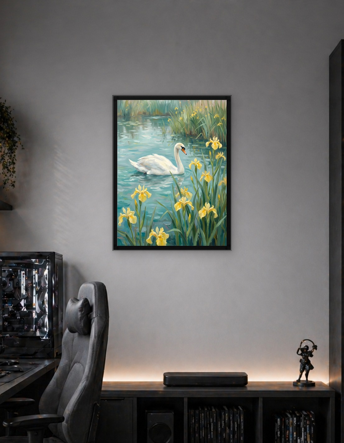 Swan in Pond with Yellow Irises